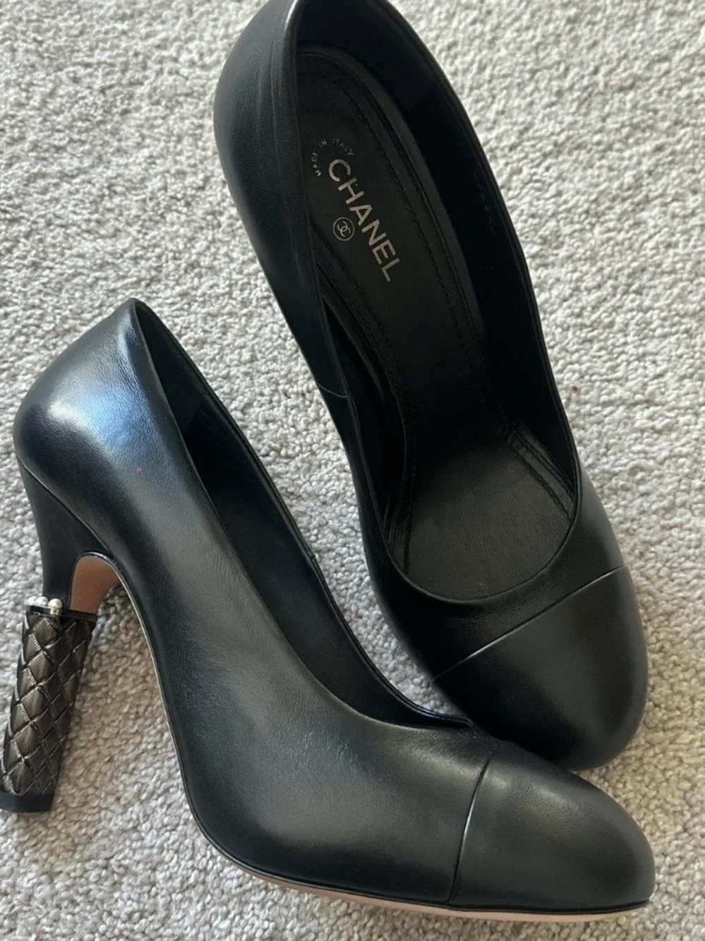 CHANEL Black Leather Round-Toe High Heels